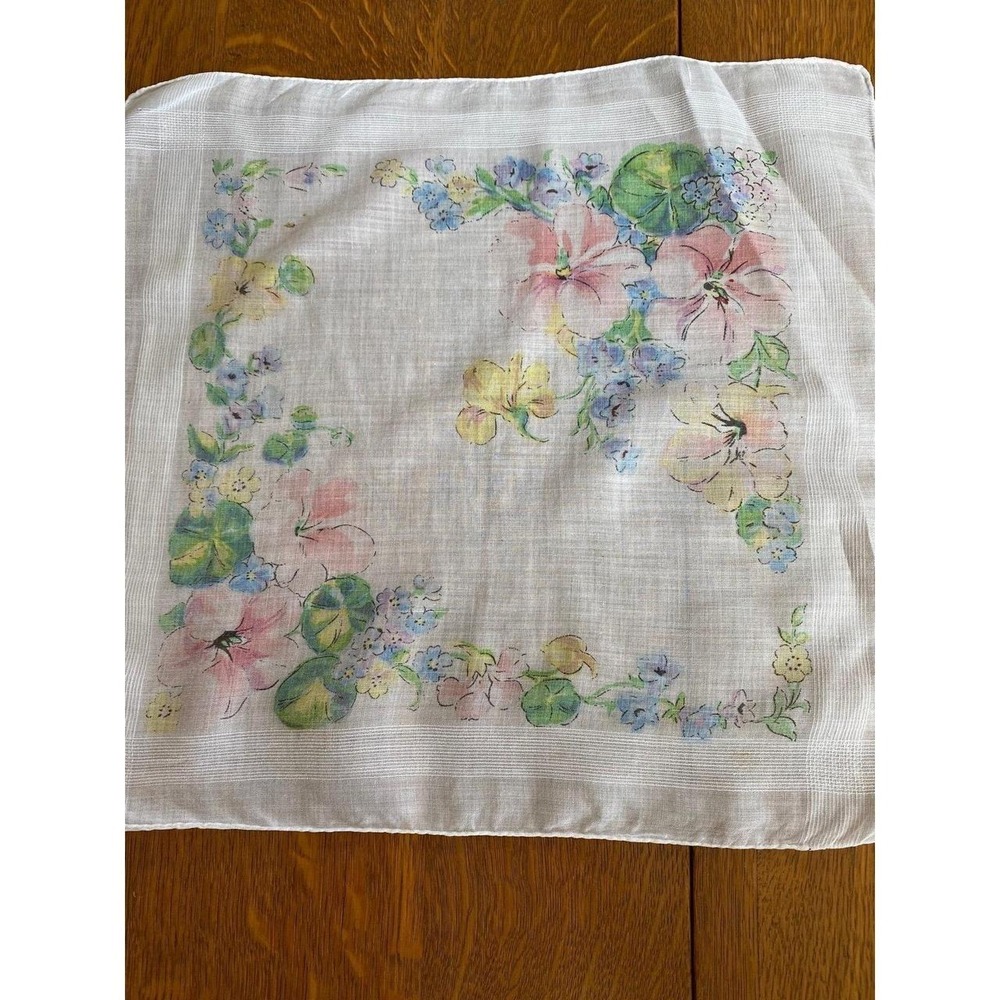 Vintage Thin Floral Hanky Handkerchief 11" x 12" s3